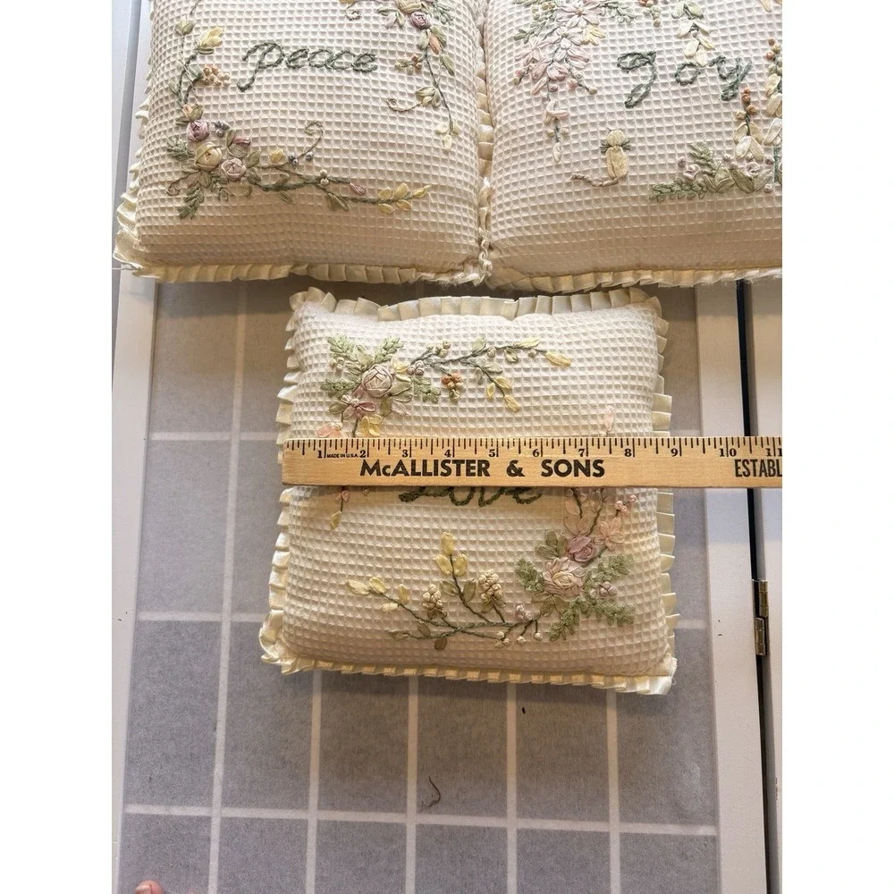 3 Cottagecore Shabby Chic Mini Pillows PEACE JOY LOVE Embroidered Floral Rosette